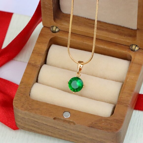 "Round Green Stone Pendant in Rose Gold Finish, XPPT1560 - Picture 5 of 14